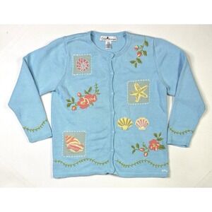 Claire Murray Cardigan Sweater Women's Medium Seashell Flowers Blue Button
